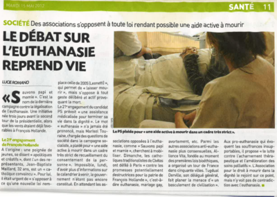 Actualité bioéthique 5 20 minutes – 15 mai 2012 : le débat sur l'euthanasie reprend vie
