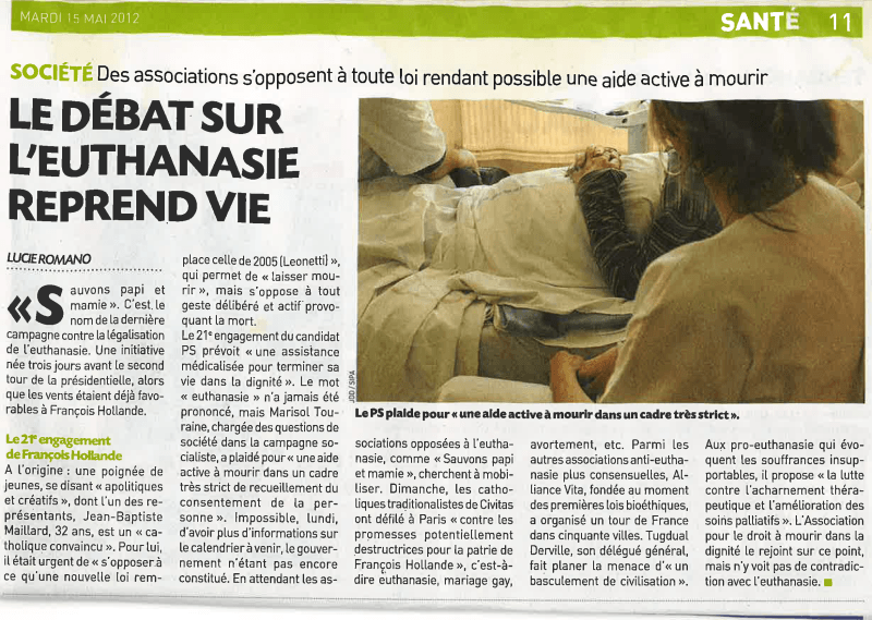 20 Minutes – 15 mai 2012 : le débat sur l'euthanasie reprend vie