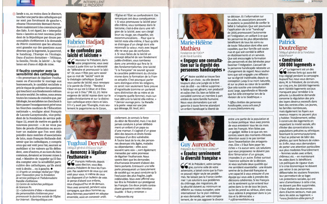 Pélerin – 10 mai 2012 : 12 personnalités chrétiennes interpellent le président