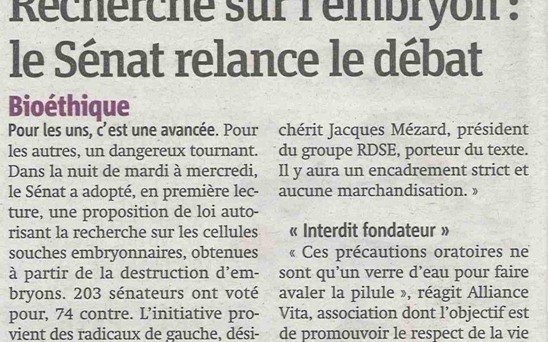 Bioéthique : la recherche sur l'embryon controversée (Metro)