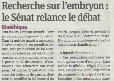 Actualité bioéthique 3 bioéthique : la recherche sur l'embryon controversée (metro)