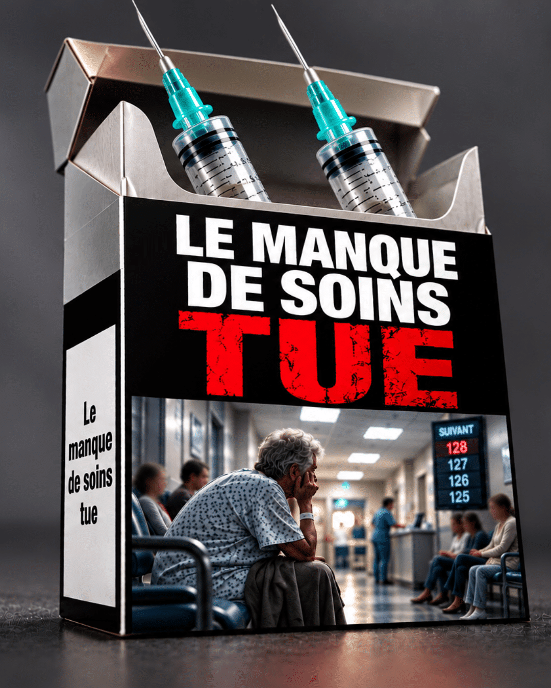 Affiche campagne santé manque soins seringues hôpital